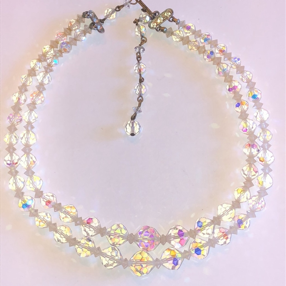 Vintage Crystal Clear AB Coated Beads Double Strand Beaded Boho Necklace
